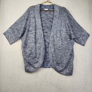 Chicos Womens Size 2 Large Light Blue Metallic Short Sleeve Open Knit Cardigan